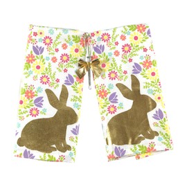 Easter Spring Kitchen Dish Towels, 2 Pc. Set: Printed Flowers Terry Towels with Golden Foil Bunny Rabbit (Bunny/Multi)