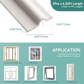 MOPMS Draft Stopper Sweep, Door Weatherproofing Stripping, Window Seal Strip Self-adhisive Soundproof Cuttable Weather Length 19.7 Ft (3 Pcs x 6.56 Ft), White