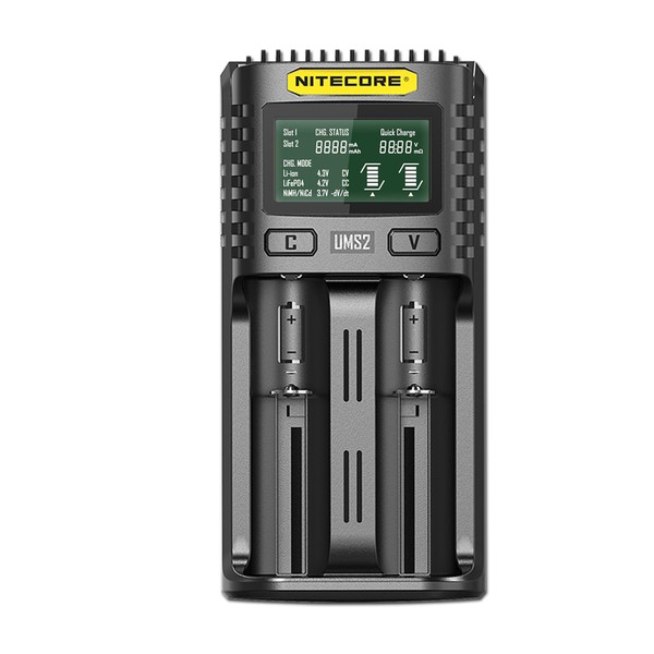 Nitecore UMS2 - Cargador de batería inteligente universal de 2 puertos para Li-Ion/Ni-MH/Ni-Cd/IMR 26650 22650 21700 20700 18650 18490 18350 17670 17500 17335 16335 4 RCRCRCRCRCR123 14500 10440 AA AAA AAAA C D Batería