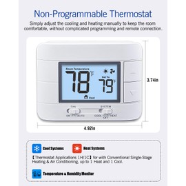 Aowel Non Programmable Thermostat for Home 1 Heat/ 1 Cool Single-Stage System, with Room Temperature Monitor (LCD White Backlit Screen)