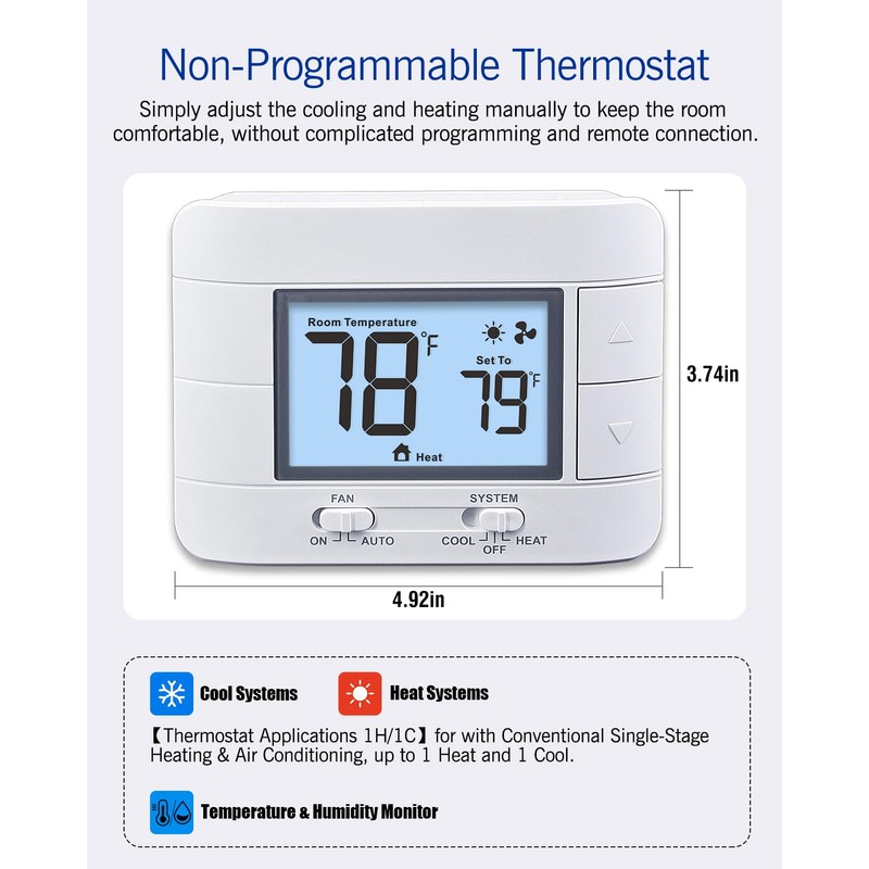 Aowel Non Programmable Thermostat for Home 1 Heat/ 1 Cool