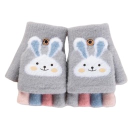 Votvlog Half Finger Gloves Children's Fingerless Winter Flip Top Gloves Baby Gloves Cute Rabbit Cartoon Finger Gloves Warm Half Finger Mittens Knitted for Boys Girls 5-10 Years, gray