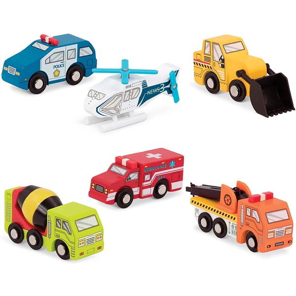 Battat - Wooden Vehicles – Miniature Wooden Toys, Including Toy Cars, Toy Trucks, Toy Helicopter & Ambulance, for Kids Age 3-Year-Old & Up (6-Pcs)