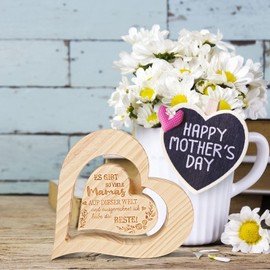 LAMEK Herz Aufsteller mit Gravur Mama Geschenk Muttertag Tischdeko Ich Habe Die Beste Mamas Holz Ornamente Mutter Geburtstagsgeschenk Geschenkideen für Muttertag Geburtstag Thanksgiving Weihnachten