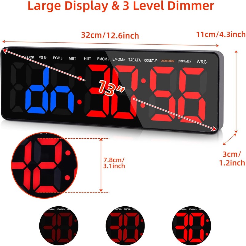 13" Gym Timer Clock, Workout Interval Timer with Remote Control,