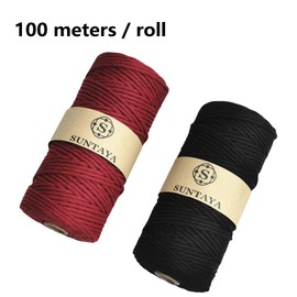 SUNTAYA Macrame Cord 3mm X 200 Meters/2 roll, Macrame Rope Cotton Yarn, red Black Twine String, Bobbiny Braided Marame Cord Supplies for Crochet Twist Crafts Woven Decorating