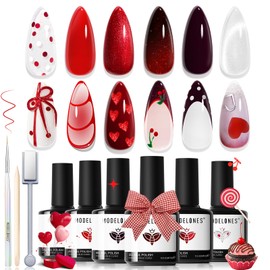 modelones Red Gel Nail Polish Set, 6 Colors 2026 Burgundy Bloody Wine Dark Red Jelly Pearl Glitter Gel Polish Silver Cat Eye Nail Polish with Liner Pen& Magnet& Wooden Stick LED Gift