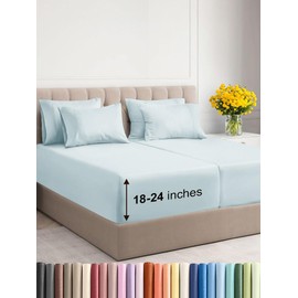 CGK Unlimited Extra Deep Split King Sheet Set - 7 Piece Breathable & Cooling Sheets - Hotel Luxury Bedding Set 18-24 Inch Extra Deep Pockets - Easy Fit, Super Soft, Wrinkle Free & Comfy - Ice Blue, Split King Size