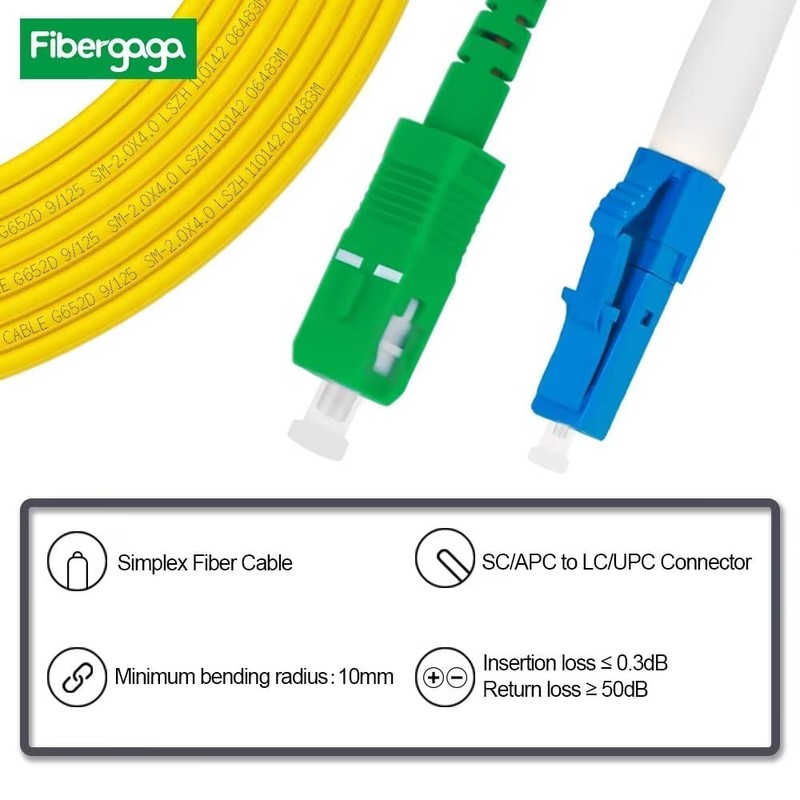Fibergaga-2m(7ft) OS2 LC/UPC to SC/APC Fiber Patch Cable, Simplex, Single