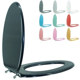 BLOFDE Elongated Toilet Seat Wood Toilet Seat Prevent Shifting with Zinc Alloy Hinges American Standard Size Toilet Seat Easy to Install also Easy to Clean(Elongated,Navy Black Blue)
