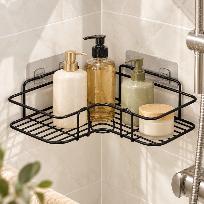 1PC Wall Mounted Non-Perforated Metal Triangle Storage Rack for Bathroom