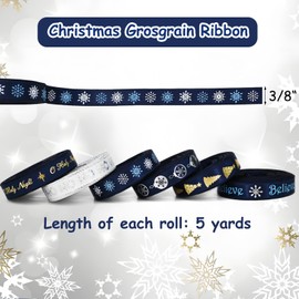 Rophomor Christmas Satin Ribbon Set, 3/8 Inch, 30 Yards Total, 6 Rolls,Blue White Snowflake Christmas Tree Ribbon for Hair Bow Clip Gift Wrapping Crafts Xmas Decoration