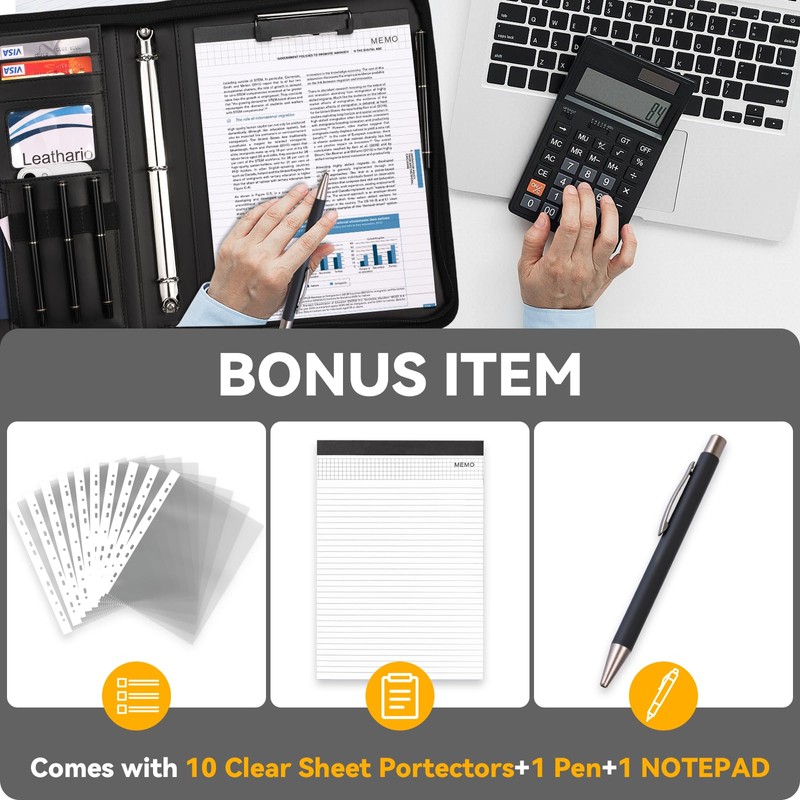 Leathario Portfolio Binder, Padfolio Organizer, 3 Ring Binder with Zipper