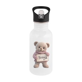 Personalisierte Trinkflasche Kinder Edelstahl [ 400ml ] - Robuste Trinkflasche mit Namen und Teddy - Wasserflasche mit Trinkhalm - Personalisierte Geschenke für Kinder (Rosa)