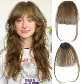 Clip-In Bangs 100% Human Hair - Undetectable Wispy/Curved Fringe with Temple Hair for Women (Light Brown)