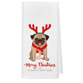 kunlisa Pug Christmas Kitchen Towels,Pug Christmas Decorations,Christmas Towels,Christmas Decorations Decor,Dog Towels for Home Bathroom Decor,Pug Gifts for Pug Lovers Dish Towels 16×24 Inch