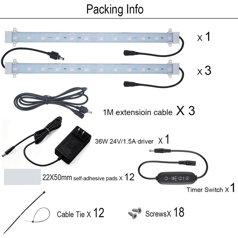 Litever Grow Light Strip Kit 36W with Timer, 4 pcs