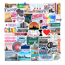 Chicago Stickers 64Pcs Chicago City Stickers Cartoon Vinyl Stickers Waterproof Stickers Pack for Water bottle Stickers Phone Stickers Laptop Stickers Skateboard Stickers Car Stickers for Kids Teens Adult(Chicago)