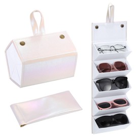 PATIKIL Travel Sunglasses Organizer, 5 Slot Foldable Sunglasses Holder Leather Sunglass Storage Organizer Case with Sunglasses Pouch Portable for Multiple Glasses Organization, White