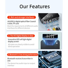 Bluetooth 5.0 Audio Receiver Transmitter 2 in 1 with Remote, Bluetooth Hi-Fi Audio Adapter with 3.5mm＆RCA,COAXIAL,Optical,NFC,Aptx-LL for Home and Car Stereo, AV Receiver or Amplifier