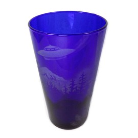 IncisoArt Hand Etched Cobalt Blue Cooler Goblet Sandblasted (Sand Carved) Glass Cup 17 Ounce Handmade US Engraved (1, Cobalt Blue Big Foot UFO Forest Mountain)