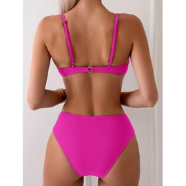 Limeeke Women's Ruched Bikini Sets Mid Waist Two Piece Swimsuit Adjustable Straps Bathing Suit Hot Pink M