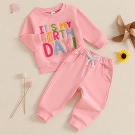 MAHUAOYIXI Baby Girl 2Pcs Birthday Outfits Long Sleeve Letter Embroidery Crew Neck Tops Sweatshirts + Pants Set Toddler Girls Clothes Birthday Clothing Set (Pink, 6-12 Months)