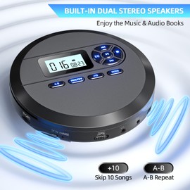 DESOBRY CD Player Portable with Speakers & FM Transmitter, Rechargeable Compact CD Player for Car Built-in 2000mAh, Portable Player with LCD Screen, Earphones, AUX Cord