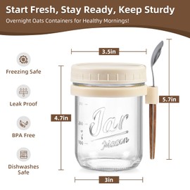 LANDNEOO 4 Pack Overnight Oats Containers with Lids and Spoons, 16 oz Glass Mason Jars with Airtight Lids, Overnight Oats Jars for Milk, Cereal, Fruit-Beige