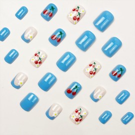 Cherry Press on Nails Short Square Fake Nails Flower False Nails Floral Glossy Full Cover Acrylic Nails Blue Glue on Nails Artificial Cute Stick on Nails Summer Nails for Women Manicure 24Pcs