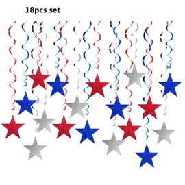 18Pcs Patriotic Star Hanging Swirls Decorations Wind Chimes Star Streamers Foil Swirls with Red Blue Silver Stars Ceiling Hanging Ornament for Memorial Day 4th of July Independence Day Party Supplies