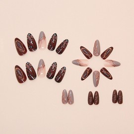 Medium Press on Nails Almond Fake Nails with Butterfly 3D Lines Designs Brown Nails Press ons Fall Acrylic Nails Glossy Glue on Nails Grey False Nails Nude Stick on Nails for Women 24Pcs