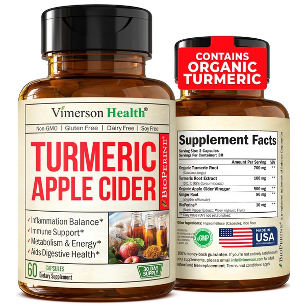Turmeric Supplement and Organic Apple Cider Vinegar Capsules with Ginger