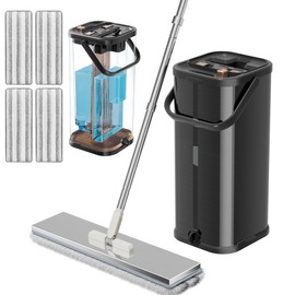 Separates Dirty Water Mop and Bucket Set for Home with 4 Extra Refills, Stainless Steel Mop and Bucket with Wringer Black