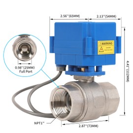 HFS(R) Motorized Ball Valve Electrical Normally Closed - 1" NPT with 25mm Full Port,2 Wires Auto Return Setup, Stainless Steel 304, 85-265V AC for Fluid Control