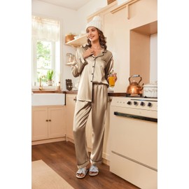 Ekouaer Women's Classic Long Satin Pajama Set,XX-Large,Khaki