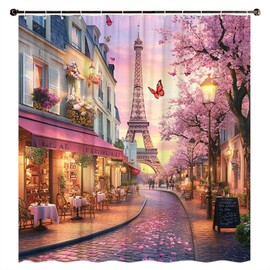LMMRLM French Eiffel Tower Shower Curtain Oil Painting European Paris City Street Landscape Modern Romantic Pink Cherry Blossoms Scenery Pink Floral Decorative Curtain with Polyester Fabric