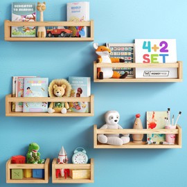 HOMEY PANDA Wall-Mounted Nursery Bookshelves - 4 Long + 2 Mini Shelves, Kids Room Storage (Varnished Pine Wood)