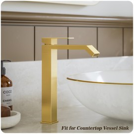 Phiestina Brushed Gold Bathroom Faucet Brass Vessel Sink Faucet, Square Single Hole Single Handle Waterfall Above Counter Sink Faucet with Metal Pop Up Drain Without Overflow, FH05-BG-V