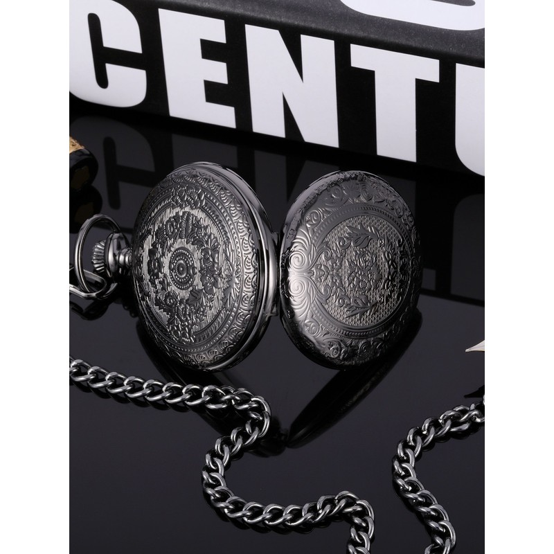 Quartz Pocket Watch for Men with Black Dial and Chain