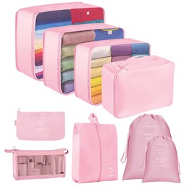 Packing Cubes for Suitcase,Lychico 9pcs Travel Luggage Packing Organizers Waterproof Travel Essentials Bag Clothes Shoes Storage Bags, Pink