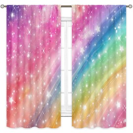 Cinbloo Colorful Rainbow Curtains 42Wx63H Inch Rod Pocket Galaxy Girls Kids Pastel Not Shining Stars Starry Sky Cartoon Cute Art Printed Aesthetic Living Room Bedroom Window Drapes Fabric 2 Panels