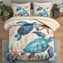 Pamnest Comforter Set Queen Size, Ocean Coral Sea Turtle 7 Pcs Bedding for Kids and Adults, Blue Shell Animal Bed Sheet Sets with Fitted Sheet 2 Pillowcases & 2 Shams for Bedroom Bed Decor