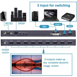 Video Wall Controller 3x3, 4K HDMI & USB-C & DVI Input 17 Splicing Modes,RS232,IR,180° Rotate, PCM Audio Output for 9 Channel Video Wall Processor