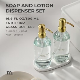 MaisoNovo Hand Soap and Lotion Dispenser Set - 16.9 fl oz Clear Soap Dispenser Glass with Gold Pump Set of 2 and Oval Concrete Tray