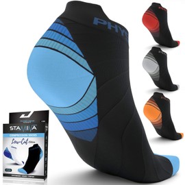 Compression Running Socks Men & Women - Best Low Cut No Show Athletic Socks for Stamina Circulation & Recovery - Durable Ankle Socks for Runners, Plantar Fasciitis & Cycling - 2 PAIRS BLU WHT S/M