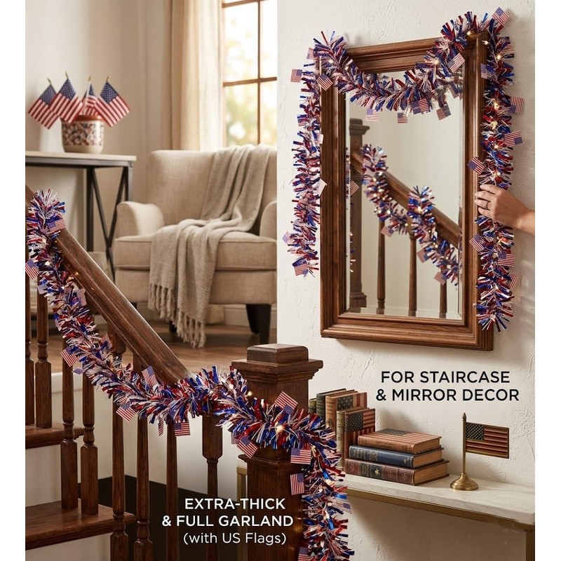 33Ft 4th of July Fluffy Tinsel Garland Patriotic Decorations Indoor