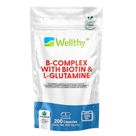 Wellthy Complejo B 200 Cápsulas. Reforzado con Biotina y Glutamina. Casi 7 Meses de Consumo, VCaps Cápsulas veganas, Bottle Free.