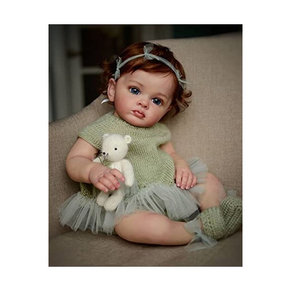 Anano 24 Inch Realistic Reborn Toddler Doll Girl 24 Inch Reborn Weighted Silicone Baby Dolls with Short Curly Hair Real Life Human Skin Fashion Green Knit Romper with Lace & Knit Shoes & Toy Set
