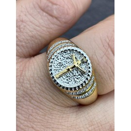 Men's Christian Ring - Two Tone Solid 925 Sterling Silver & 14k Yellow Gold Coin Ring - Plain Jesus On Cross Mens Nugget Ring - Sizes 6-13 (6)
